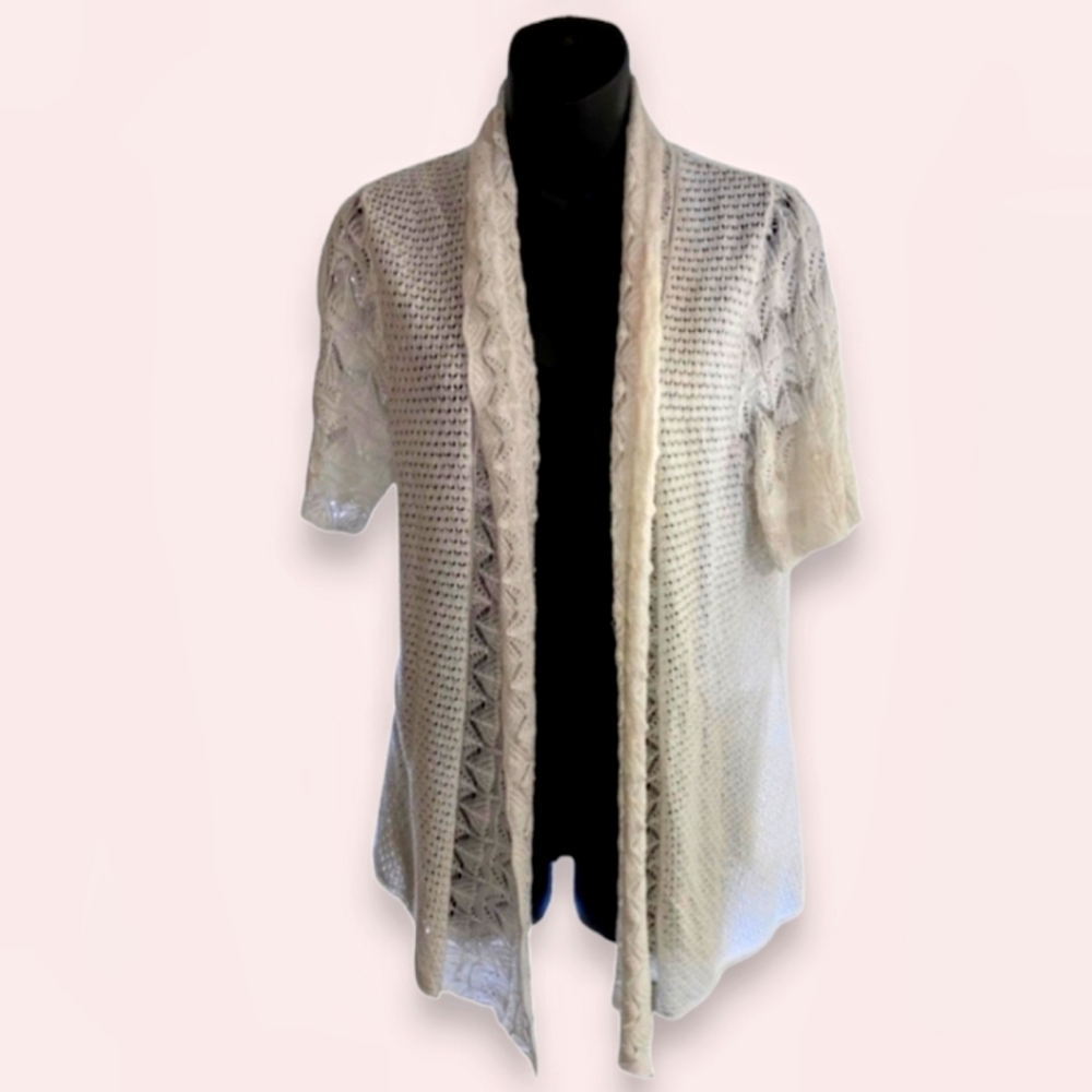 VTg West Point Open Front Sweater, White Short Sleeve Loose Knit Cardigan
